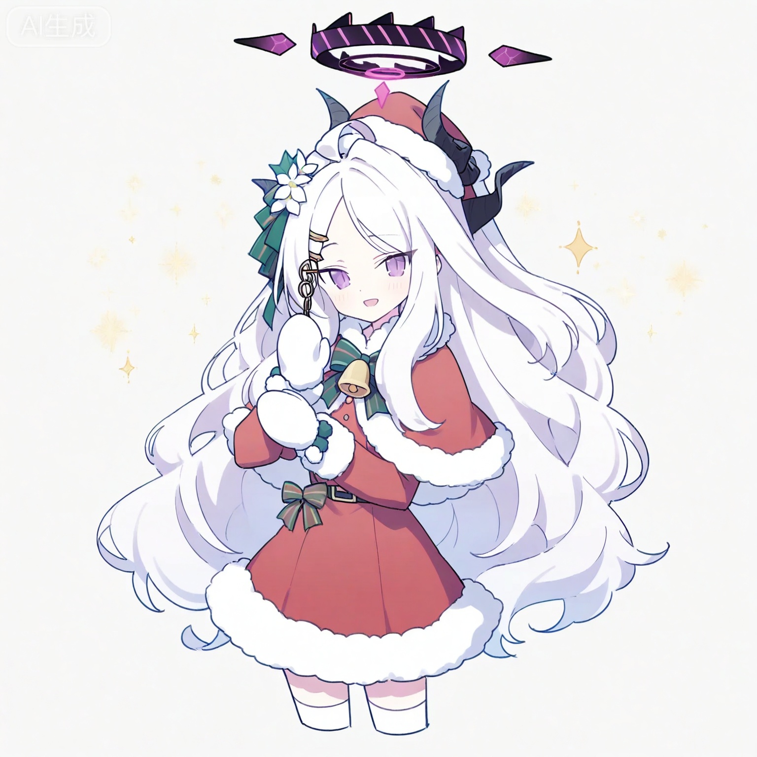  hina \(blue archive\),1girl, solo, long hair, looking at viewer, smile, open mouth, bangs, blue eyes, simple background, hair ornament, thighhighs, gloves, long sleeves, hat, white background, dress, bow, flower, hair flower, white thighhighs, official alternate costume, fur trim, sparkle, bell, capelet, halo, red dress, christmas, santa hat, cropped legs, santa costume, striped bow, mittens, red capelet, fur-trimmed capelet, 