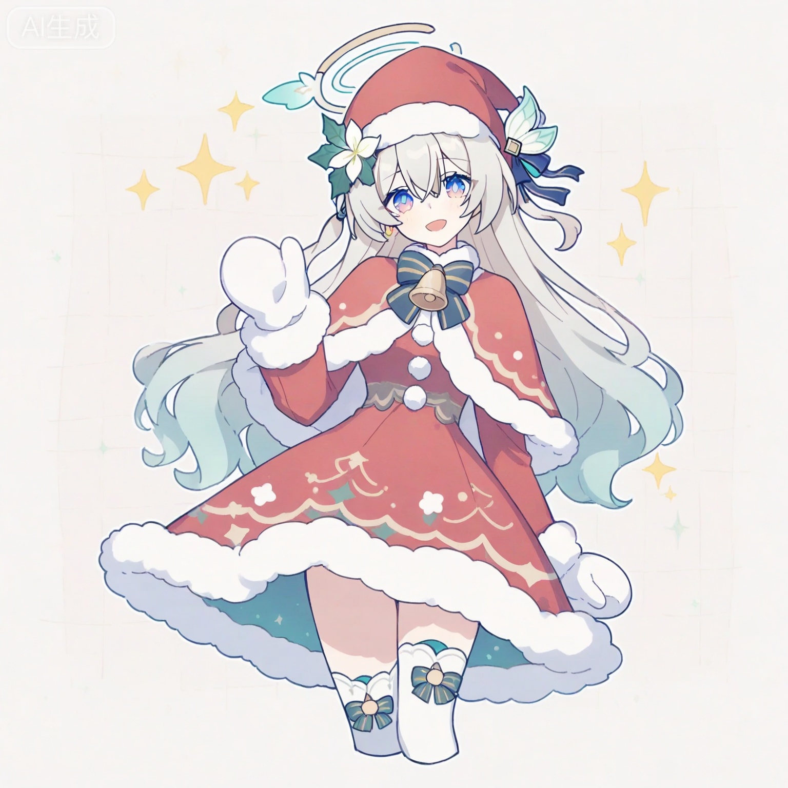 firefly \(honkai: star rail\), 1girl, solo, long hair, looking at viewer, smile, open mouth, bangs, blue eyes, simple background, hair ornament, thighhighs, gloves, long sleeves, hat, white background, dress, bow, flower, hair flower, white thighhighs, official alternate costume, fur trim, sparkle, bell, capelet, halo, red dress, christmas, santa hat, cropped legs, santa costume, striped bow, mittens, red capelet, fur-trimmed capelet, 