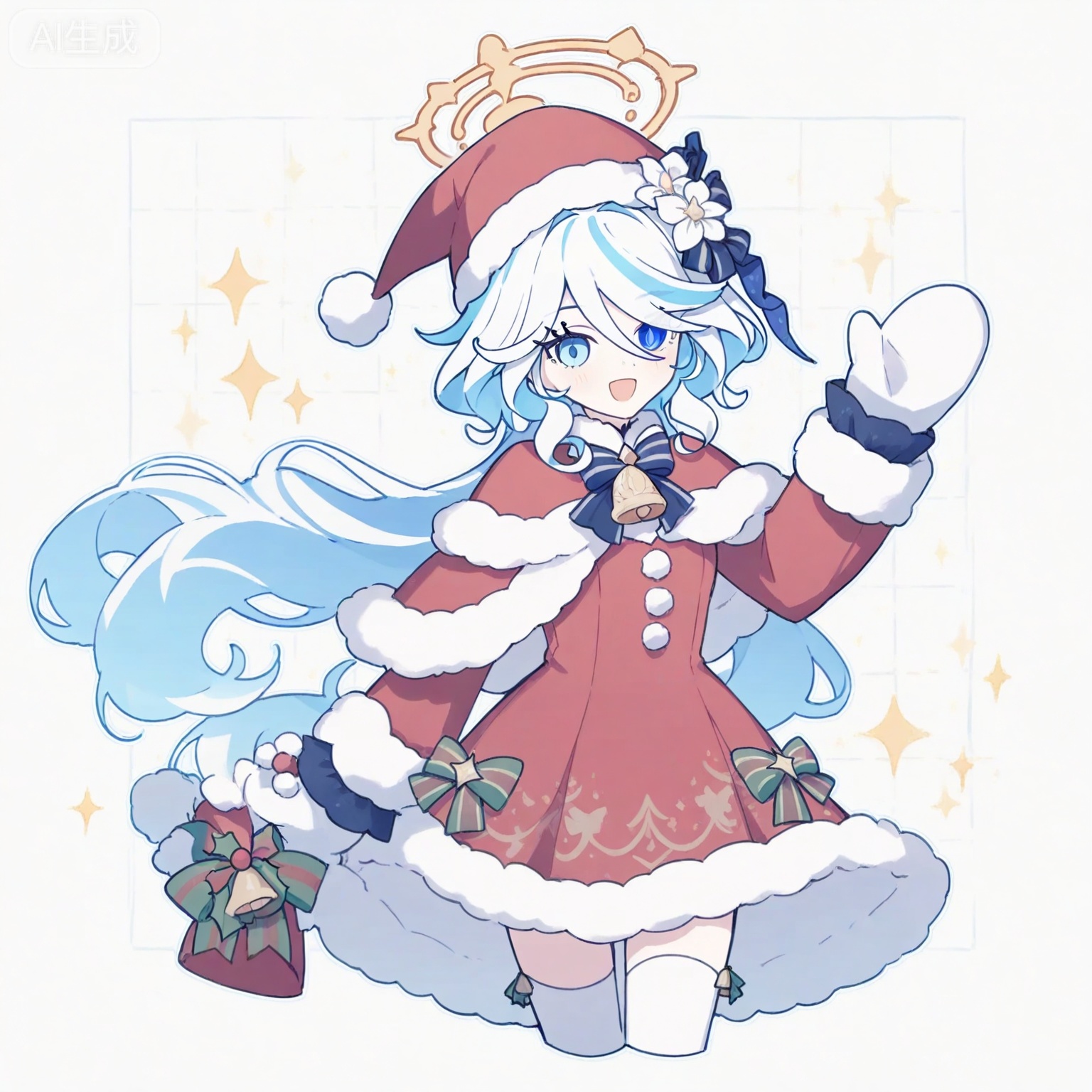 Furina \(genshin impact\),1girl, solo, long hair, looking at viewer, smile, open mouth, bangs, blue eyes, simple background, hair ornament, thighhighs, gloves, long sleeves, hat, white background, dress, bow, flower, hair flower, white thighhighs, official alternate costume, fur trim, sparkle, bell, capelet, halo, red dress, christmas, santa hat, cropped legs, santa costume, striped bow, mittens, red capelet, fur-trimmed capelet, 