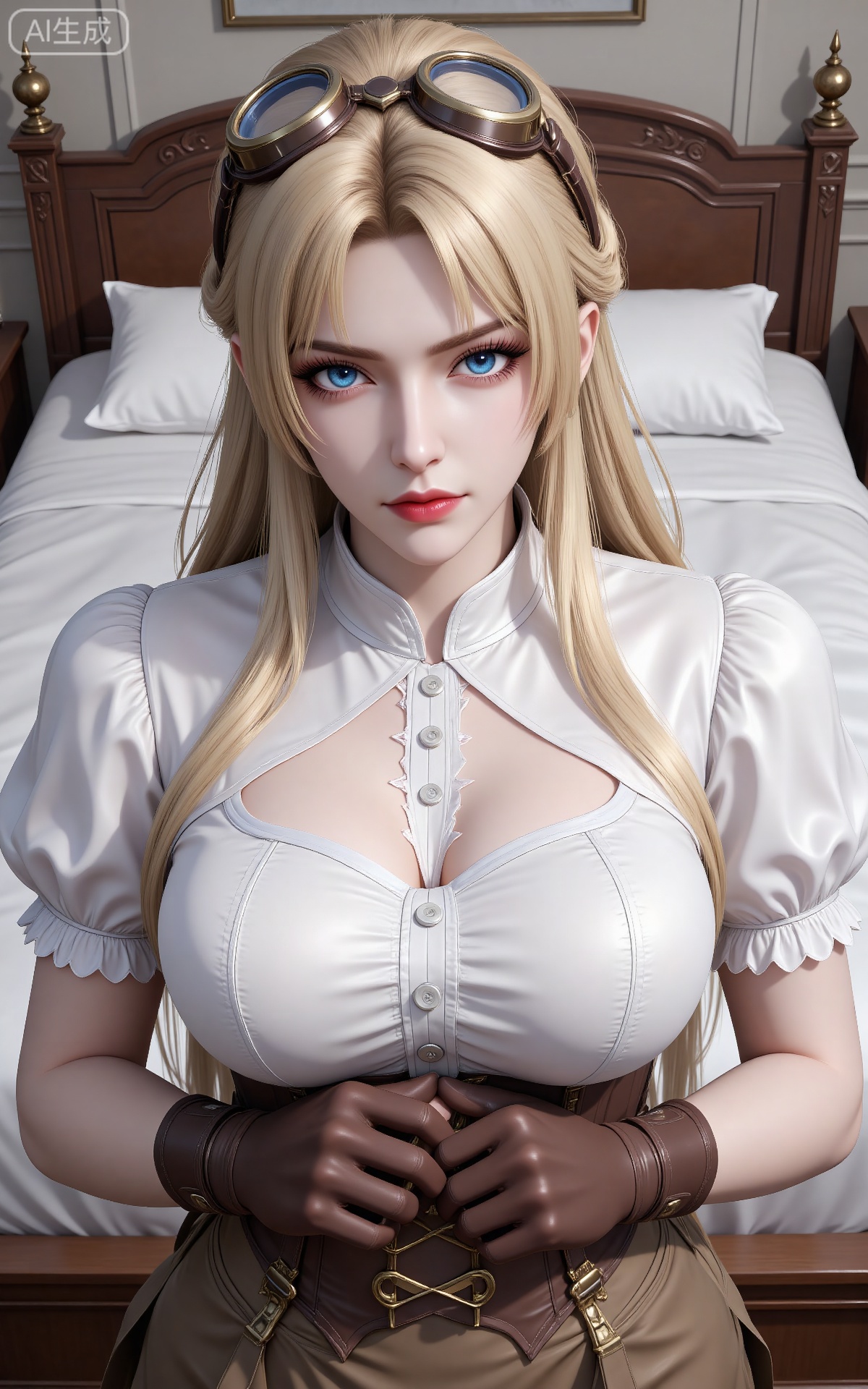 1girl, solo, long hair, breasts, looking at viewer, bangs, blue eyes, skirt, blonde hair, large breasts, shirt, gloves, cleavage, hair between eyes, closed mouth, white shirt, ass, braid, short sleeves, sidelocks, puffy sleeves, collared shirt, indoors, puffy short sleeves, v-shaped eyebrows, bed, frown, on bed, from above, goggles, corset, french braid, brown gloves, goggles on head, brown skirt, wooden floor, button gap,3D render,Unreal Engine,Highly detailed,Hyper-realistic,8K resolution,Professional studio lighting,DSLR photo,Photorealistic