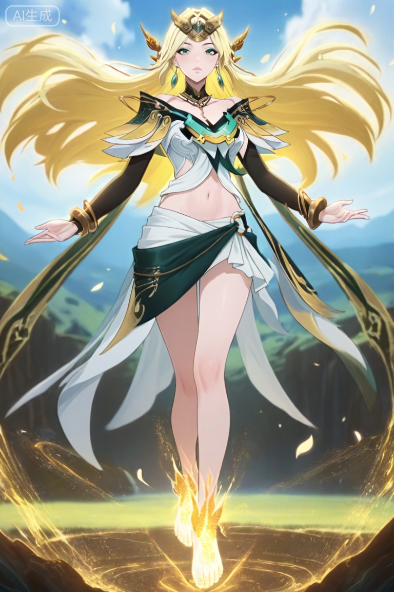 anime screencap,anime coloring,masterpiece,best quality,very aesthetic,amazing quality,best illumination,newest,perfect anatomy, ,looking at viewer,fmly ,xh,1girl,solo,long hair,blonde hair,hair ornament,green eyes,eyeshadow,jewelry,earrings,breasts,detached collar,bare shoulders,dress,bracelet,navel,midriff, skirt,    bare legs,
foot decoration,crystal foot,glowing,sky,petals,,day,,random pose, dynamic pose,sexy pose,full body