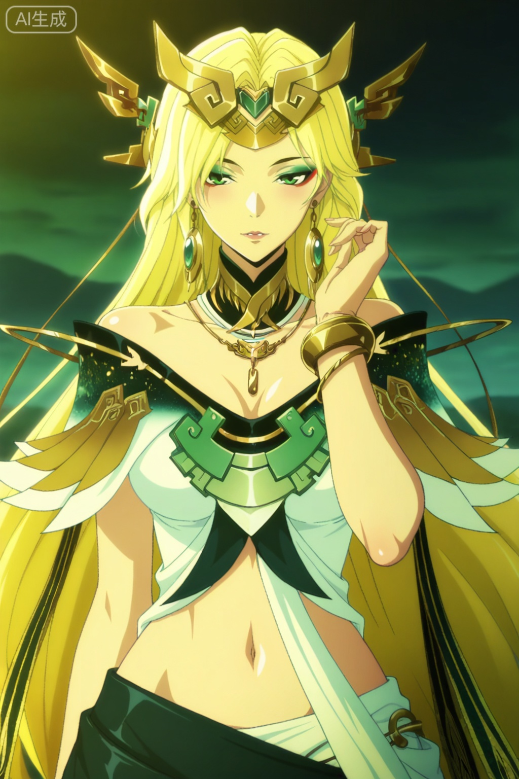 anime screencap,anime coloring, illustration,masterpiece,best quality,very aesthetic,amazing quality,
nsfw,
xh,1girl,solo,long hair,blonde hair,hair ornament,green eyes,eyeshadow,jewelry,earrings,breasts,detached collar,bare shoulders,dress,bracelet,navel,midriff, skirt,,upper body,


seductive_pose

