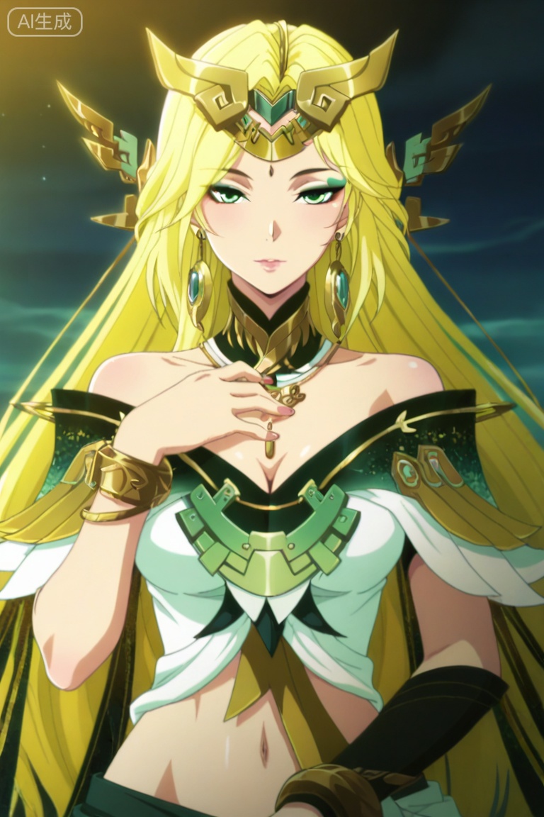 anime screencap,anime coloring, illustration,masterpiece,best quality,very aesthetic,amazing quality,
nsfw,
xh,1girl,solo,long hair,blonde hair,hair ornament,green eyes,eyeshadow,jewelry,earrings,breasts,detached collar,bare shoulders,dress,bracelet,navel,midriff, skirt,,upper body,


seductive_pose
