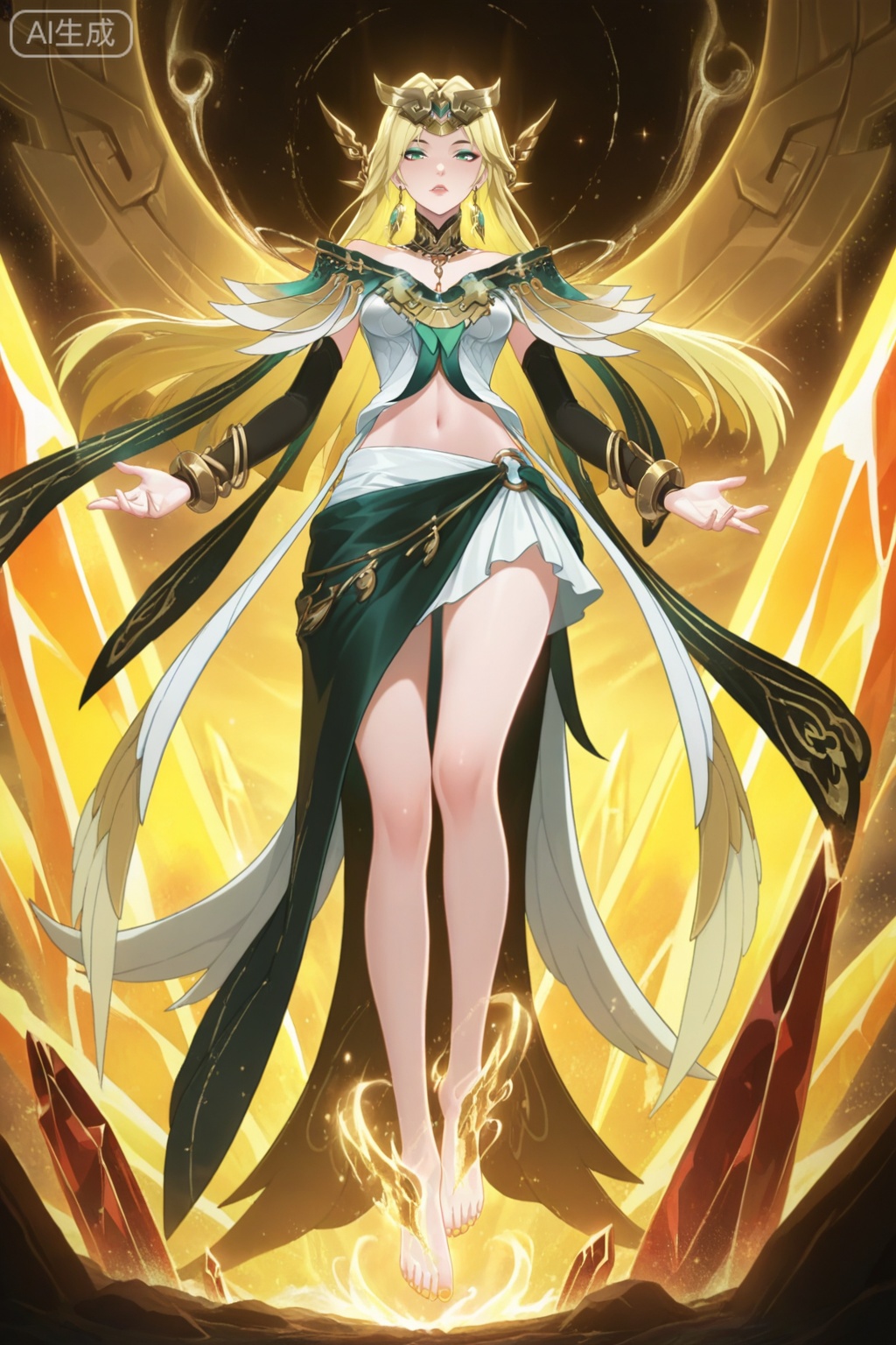 anime screencap,anime coloring, illustration,masterpiece,best quality,very aesthetic,amazing quality,
nsfw,
xh,1girl,solo,long hair,blonde hair,hair ornament,green eyes,eyeshadow,jewelry,earrings,breasts,detached collar,bare shoulders,dress,bracelet,navel,midriff, skirt,    bare legs,
foot decoration,crystal foot,


magic,energy,annulus,glowing,wings,,simple background,





seductive_pose

