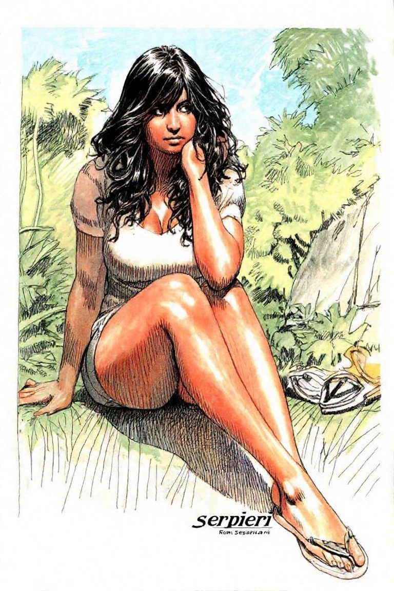 a woman seated outdoors,  by Serpieri on Tensor.Art