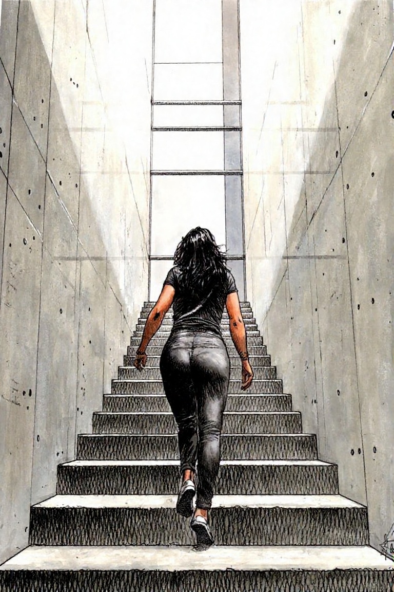 a woman ascending a concrete staircase indoors,  from behind,  by Serpieri on Tensor.Art