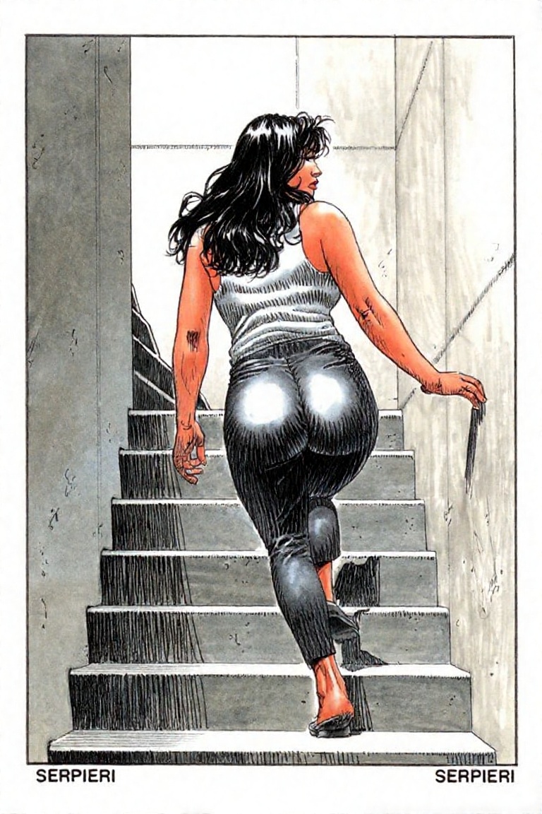 a woman ascending a concrete staircase indoors,  from behind,  by Serpieri on Tensor.Art
