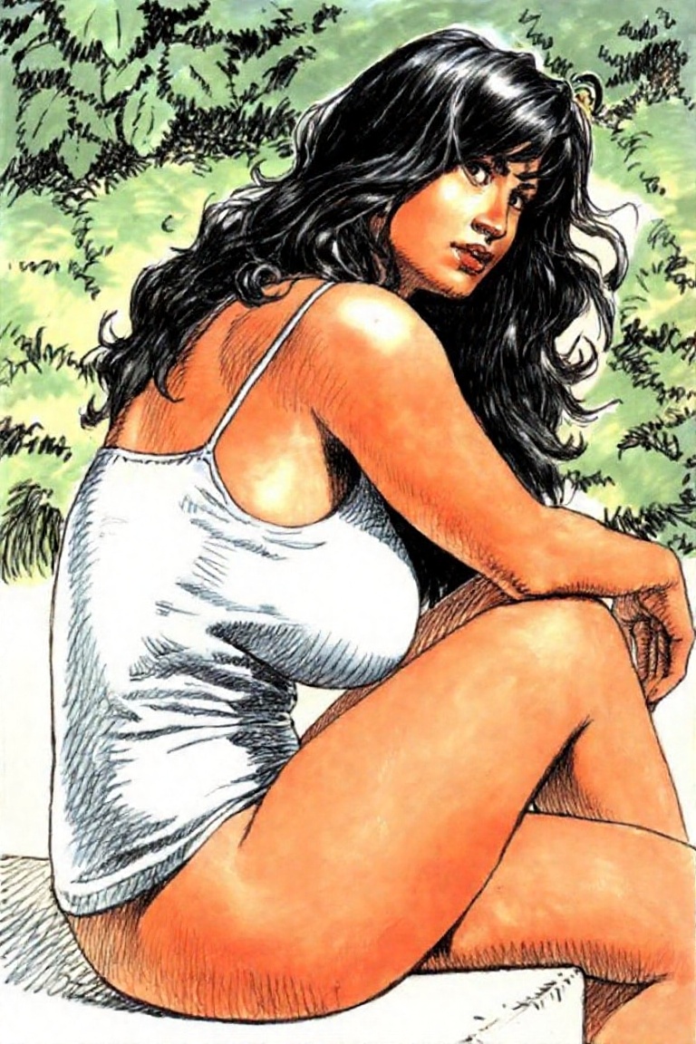 a woman seated outdoors,  by Serpieri on Tensor.Art