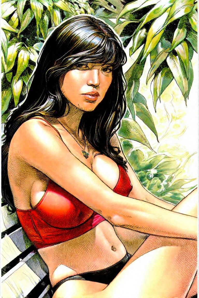 a woman seated outdoors,  by Serpieri on Tensor.Art