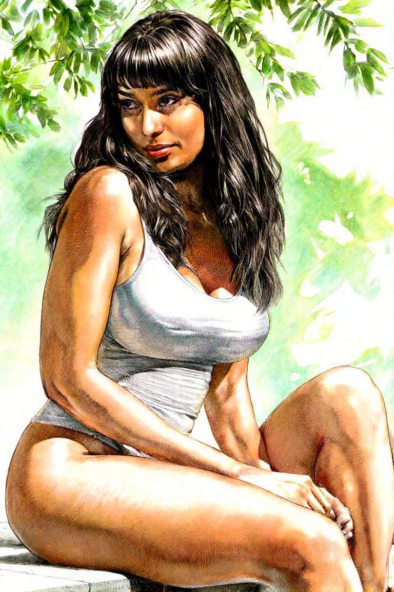 a woman seated outdoors,  by Serpieri on Tensor.Art
