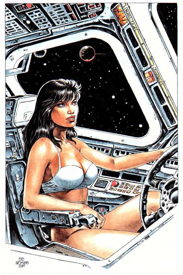 detailed illustration of a woman in the cockpit of a starship by serpieri on Tensor.Art