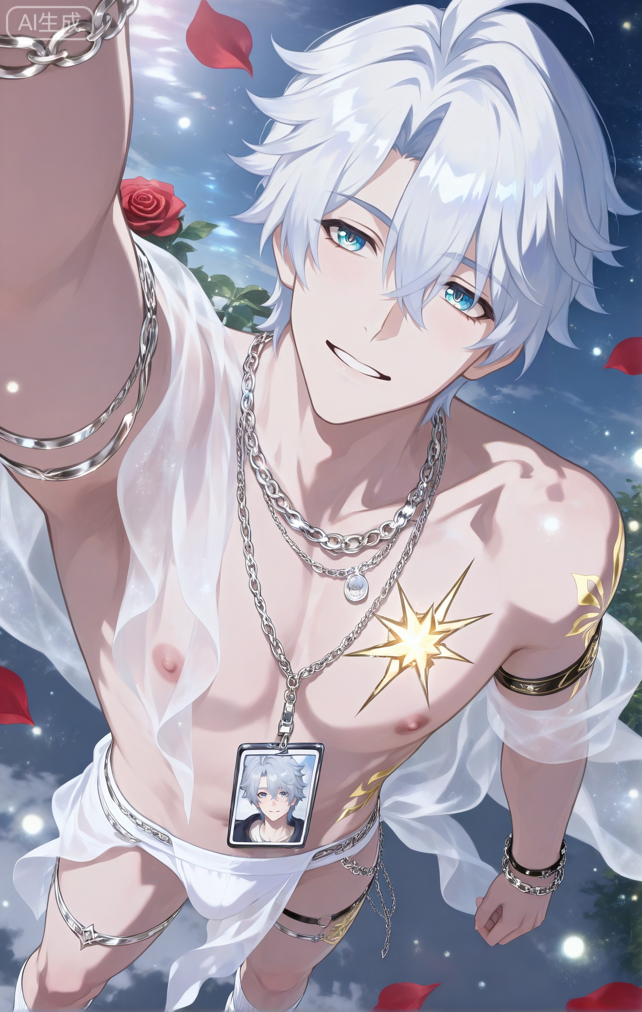 Small note art style,,xiaozhitiao,((1boy,phainon (honkai: star rail),white hair,blue eyes,short hair,ahogeSun tattoo, yellow tattoo,xiaozhitiao,dianmei,.,




anime screenshot,(masterpiece),(best quality),(ultra-detailed),illustration,intricate details,absurdres,high res,vivid color,soft pink and gold palette,soft focus,detailed eyes,detailed face,detailed body,d bara,bright theme,morning mist, glowing dew drops,nori,re4lity sync illu,BREAK (1boy,male focus,solo, ,(a single piece of sheer white silk wrapped around him:1.5),(gently billowing in the morning breeze:1.4),revealing most of his side and back,(his body is covered in glowing dew drops and red rose petals:1.5), , standing in a vast rose garden with a manor in the background,a gentle, romantic smile,reaching out a hand to touch a perfect, dew-covered red rose,(a clear glimpse of his hip and buttock as the wet silk clings and blows away:1.7),pecs,round nipples,a sea of red and pink roses,outdoors,dawn,divine golden sunlight breaking through the mist,foreshortening,background,dynamic angle,)


