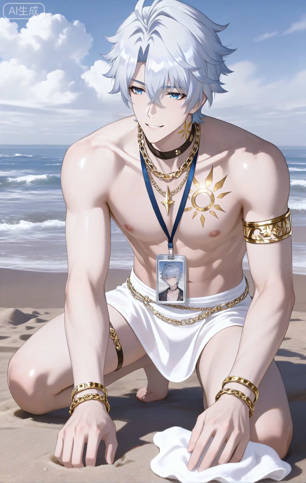 Small note art style,,xiaozhitiao,((1boy,phainon (honkai: star rail),white hair,blue eyes,short hair,ahogeSun tattoo, yellow tattoo,xiaozhitiao,dianmei,.,




anime screenshot,(masterpiece),(best quality),(ultra-detailed),illustration,intricate details,absurdres,high res,vivid color,golden desert palette,soft focus,detailed eyes,detailed face,detailed body,d bara,bright theme,yellow and brown palette,nori,re4lity sync illu,BREAK (1boy,male focus,solo, ,(a single piece of tattered white cloth wrapped around him:1.5),(billowing in the hot desert wind:1.5),revealing most of his side and back,(his body is covered in sand and dust:1.3), , kneeling by a small oasis in a vast desert,a grateful, relieved smile,scooping up clear water with his hands,(a clear glimpse of his hip and buttock as the tattered cloth is blown aside by the wind:1.7),pecs,round nipples,huge sand dunes behind,a small patch of palm trees and lush grass,outdoors,day,intense desert sunlight,foreshortening,background,dynamic angle,)

