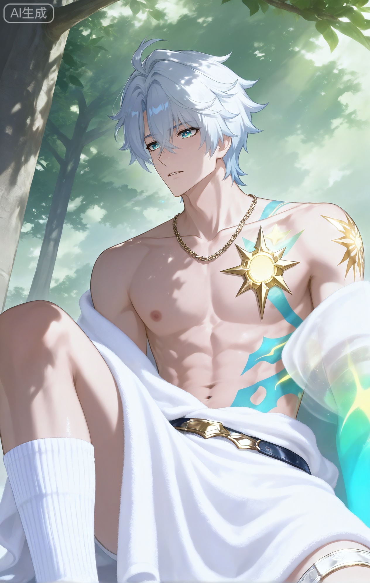 Small note art style,,xiaozhitiao,((1boy,phainon (honkai: star rail),white hair,blue eyes,short hair,ahogeSun tattoo, yellow tattoo,xiaozhitiao,dianmei,.,White bodysuit

masterpiece, best quality, ultra-detailed, fantasy art, absurdres, high res, glowing green and icy blue palette, bioluminescence, detailed face, detailed body, powerful arms and shoulders, BREAK 1boy, male focus, solo, an amazed, cautious expression, touching a tree covered in frost, wearing only (a thick, white fur-lined blanket:1.5) and thick white wool socks, (the ground and tree roots are covered in moss that emits a soft, magical green light:1.7), creating an ethereal glow from below, (the heavy blanket has slipped off one shoulder:1.6), revealing his powerful back and the hard curve of his buttock in the eerie light



