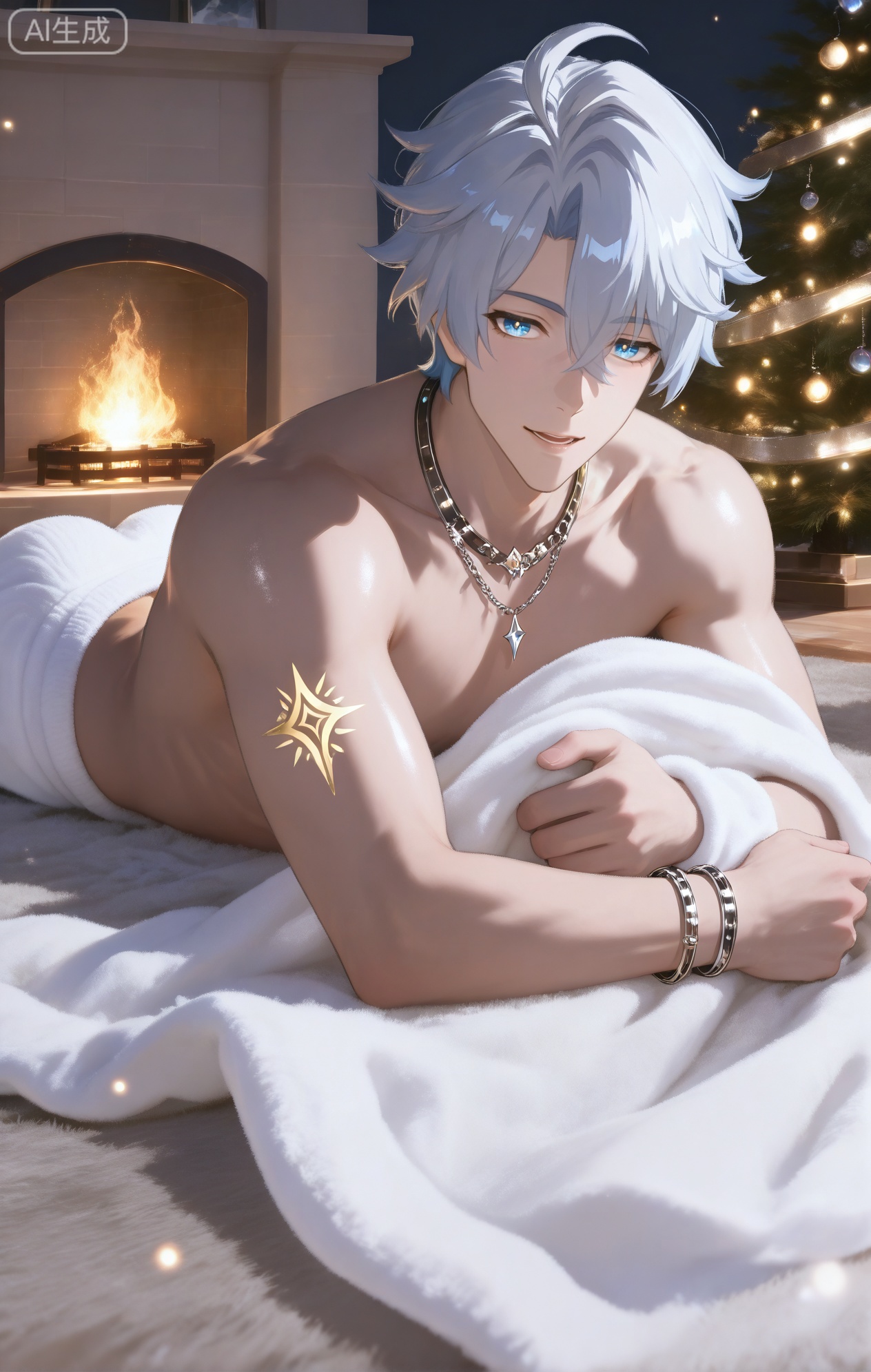 Small note art style,,xiaozhitiao,((1boy,phainon (honkai: star rail),white hair,blue eyes,short hair,ahogeSun tattoo, yellow tattoo,xiaozhitiao,dianmei,.,White bodysuit

masterpiece, best quality, ultra-detailed, digital painting, hyperrealistic, absurdres, high res, warm orange and brown palette, cinematic firelight, glowing particles, detailed face, detailed body, powerful muscular build, broad back, BREAK 1boy, male focus, solo, a peaceful, happy sleeping face, lying on his stomach on a soft rug in front of a roaring fireplace, wearing only (a thick, fluffy white wool blanket wrapped loosely around his lower body:1.5) and cozy white wool socks, (the flickering firelight casts a warm, golden glow on his skin and makes the floating dust particles glow like fireflies:1.5), (the blanket has slipped down:1.7), revealing the full, powerful curve of his buttocks basking in the fire's warmth, a decorated Christmas tree is blurred in the background




