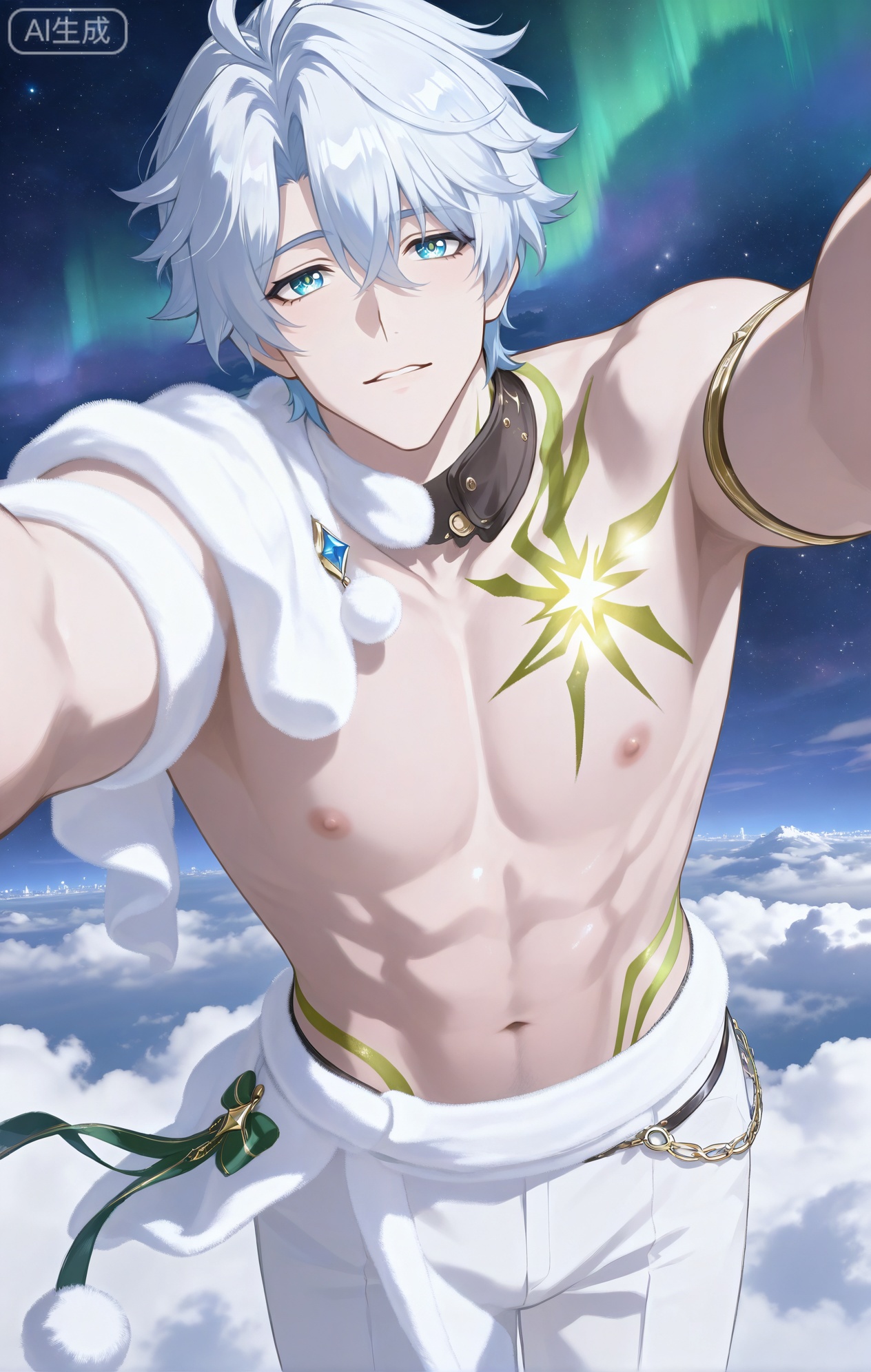 Small note art style,,xiaozhitiao,((1boy,phainon (honkai: star rail),white hair,blue eyes,short hair,ahogeSun tattoo, yellow tattoo,xiaozhitiao,dianmei,.,




anime screenshot,(masterpiece),(best quality),(ultra-detailed),illustration,intricate details,absurdres,high res,vivid color,vibrant green and purple aurora palette,soft focus,detailed eyes,detailed face,detailed body,d bara,bright theme,aurora borealis, starry sky,nori,re4lity sync illu,BREAK (1boy,male focus,solo, ,(a single piece of thick white fur wrapped around him:1.5),(billowing in the cold wind:1.5),revealing most of his side and back,(his body is illuminated by the magical light of the aurora:1.6), , standing on a vast, pristine snowfield,an expression of absolute awe,looking up at the sky,(a clear glimpse of his hip and buttock as the fur wrap is blown aside, colored by the green glow of the aurora:1.7),pecs,round nipples,snowy mountains in the distance,outdoors,night,magical light,foreshortening,background,dynamic angle,)

