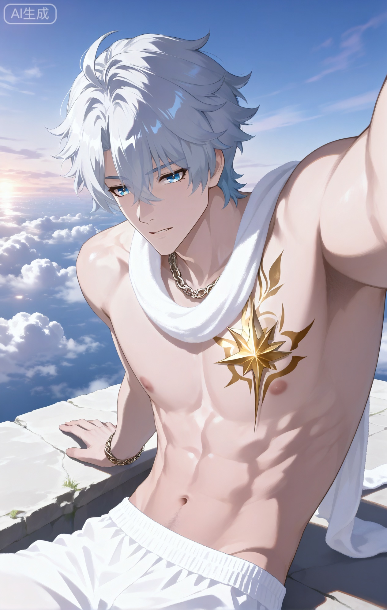 Small note art style,,xiaozhitiao,((1boy,phainon (honkai: star rail),white hair,blue eyes,short hair,ahogeSun tattoo, yellow tattoo,xiaozhitiao,dianmei,.,




anime screenshot,(masterpiece),(best quality),(ultra-detailed),illustration,intricate details,absurdres,high res,vivid color,dreamy sunset palette (pink, purple, orange),soft focus,detailed eyes,detailed face,detailed body,d bara,bright theme,sea of clouds,nori,re4lity sync illu,BREAK (1boy,male focus,solo, ,(a single piece of long white silk wrapped around him:1.6),(billowing dramatically in the high-altitude wind:1.7),revealing most of his side and back,(his body is bathed in the warm light of the setting sun:1.4), , sitting on the edge of a floating island with ancient white ruins,a calm, lonely expression,looking at the sunset over a sea of clouds,(a clear glimpse of his hip and buttock as the silk is whipped upwards by the wind:1.8),pecs,round nipples,huge ruined pillars behind,outdoors,sunset,golden sunlight,foreshortening,background,dynamic angle,)

