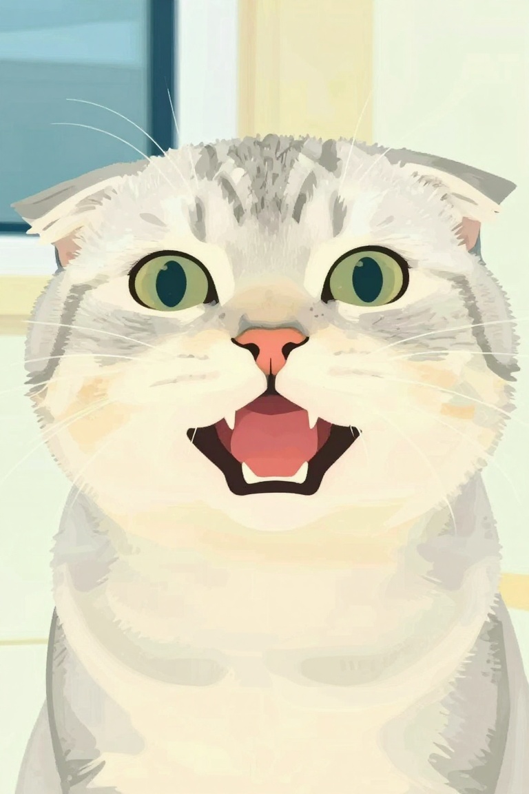 a close-up of a cat's face. The cat appears to be a Scottish Fold,  with a gray and black striped coat. Its eyes are large...