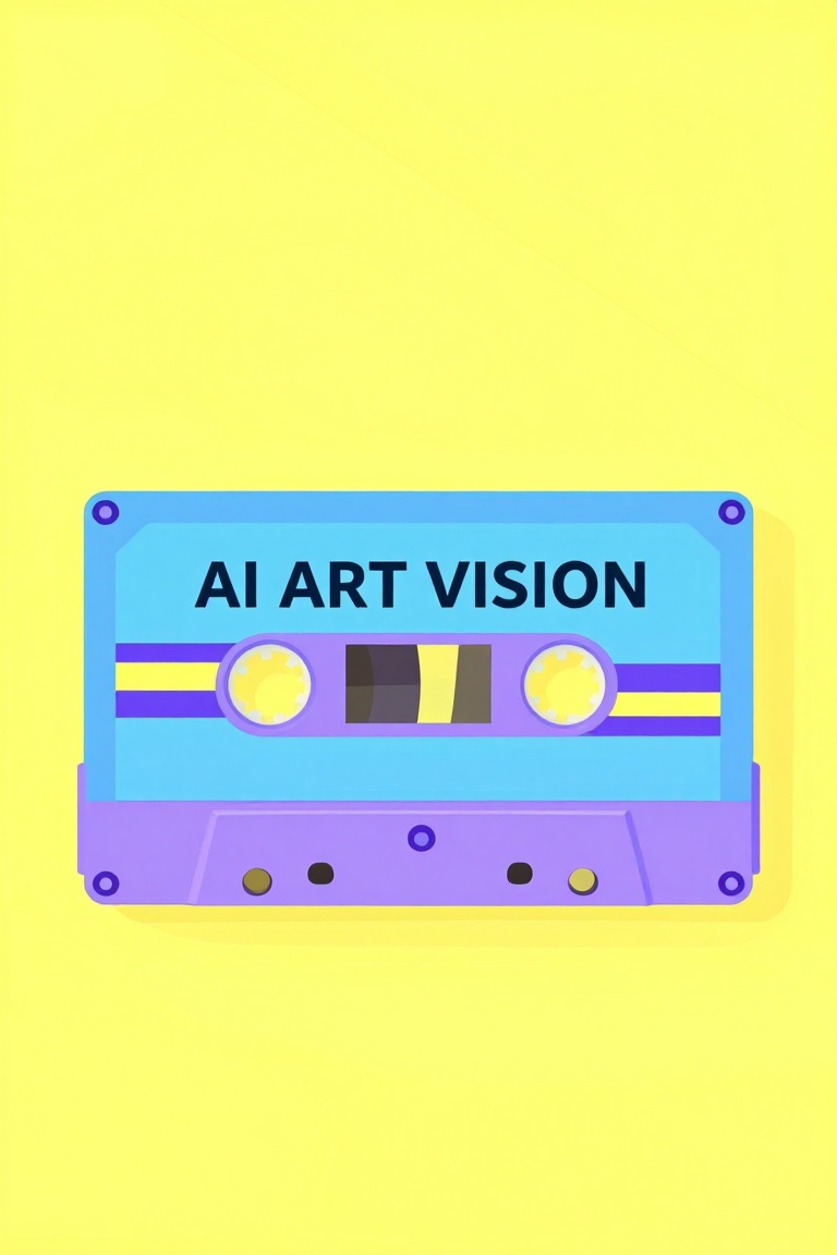 a cassette tapes with the words "AI ART VISION" written on it in bold black letters. The cassette tape is placed on top of...