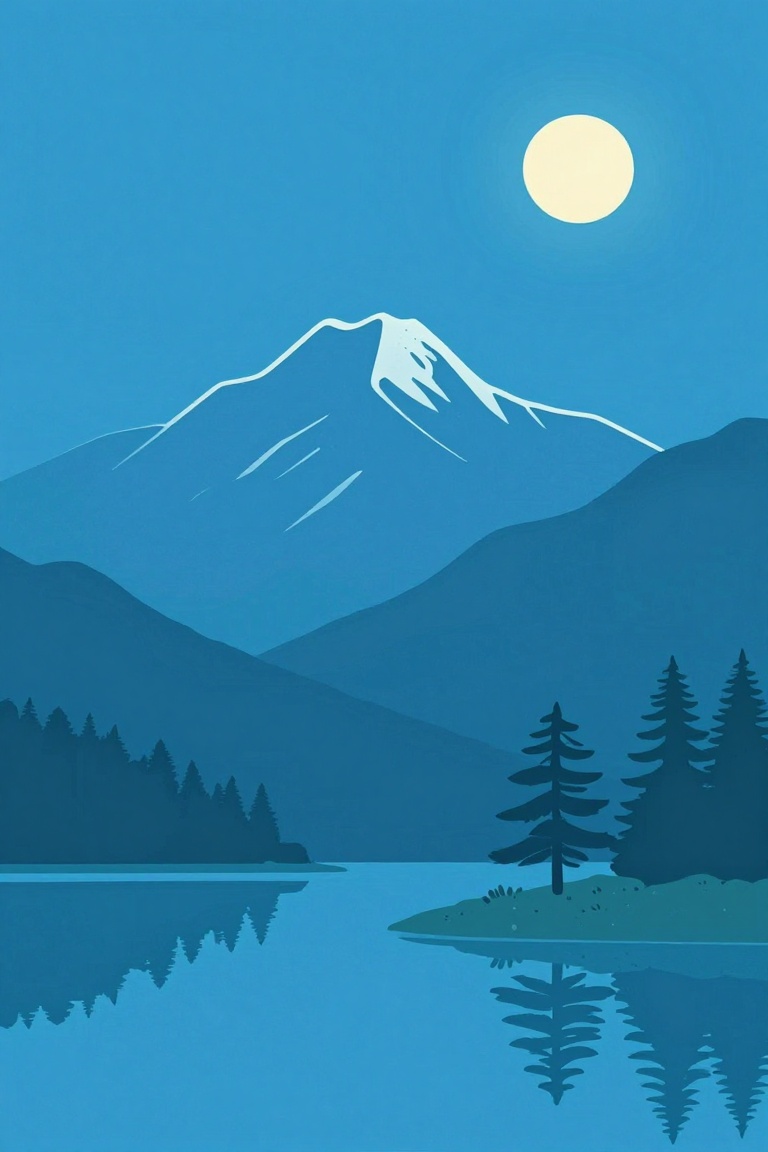 a mountain range at night. The sky is a deep blue color with a full moon in the top right corner. The mountains are silhou...