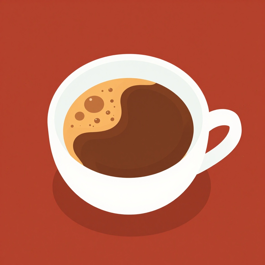 a white coffee cup with a handle on the right side. The cup is placed on a dark brown background. The coffee is dark brown...