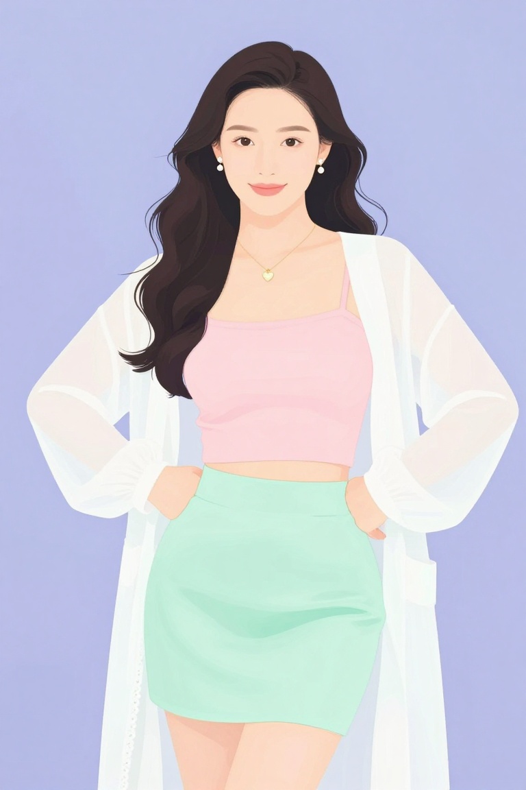 A radiant young asian woman standing gently against a soft lavender studio backdrop,  her long dark hair styled in loose,...