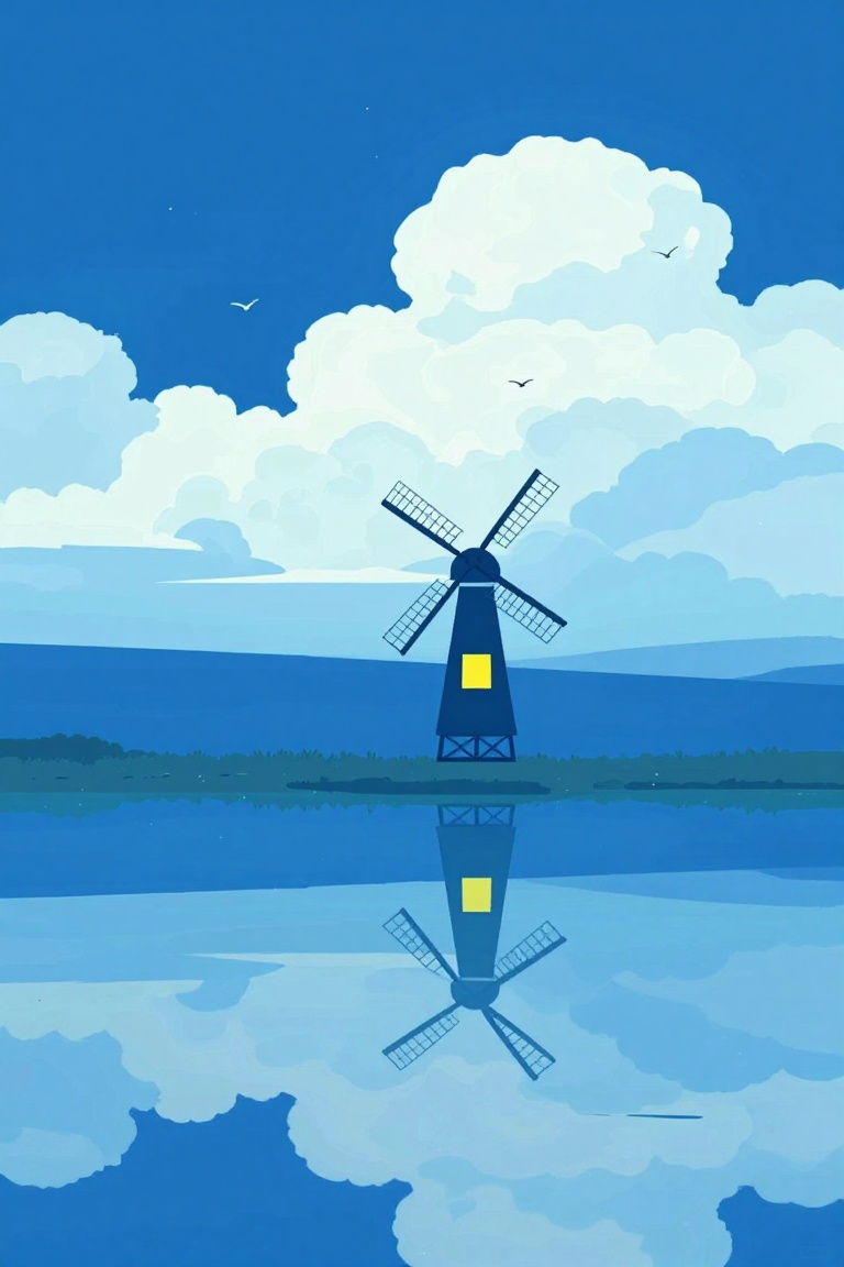 a dark blue night sky with a reflection of a windmill in the water below. The windmill is in the center of the image,  wit...