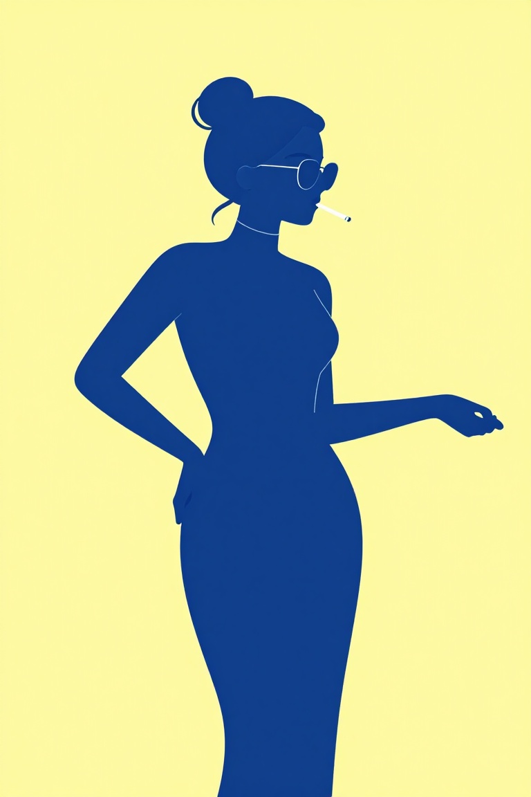a woman's silhouette in a minimalistic style. The background is a solid yellow color,  and the woman is shown in a side pr...