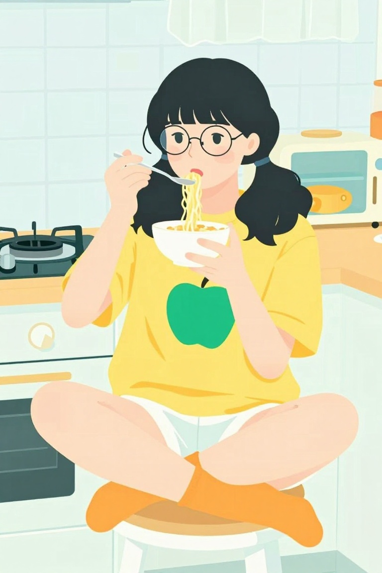 a portrait of a young asian woman sitting on a wooden stool in a messy kitchen. She is wearing a yellow t-shirt with a gre...