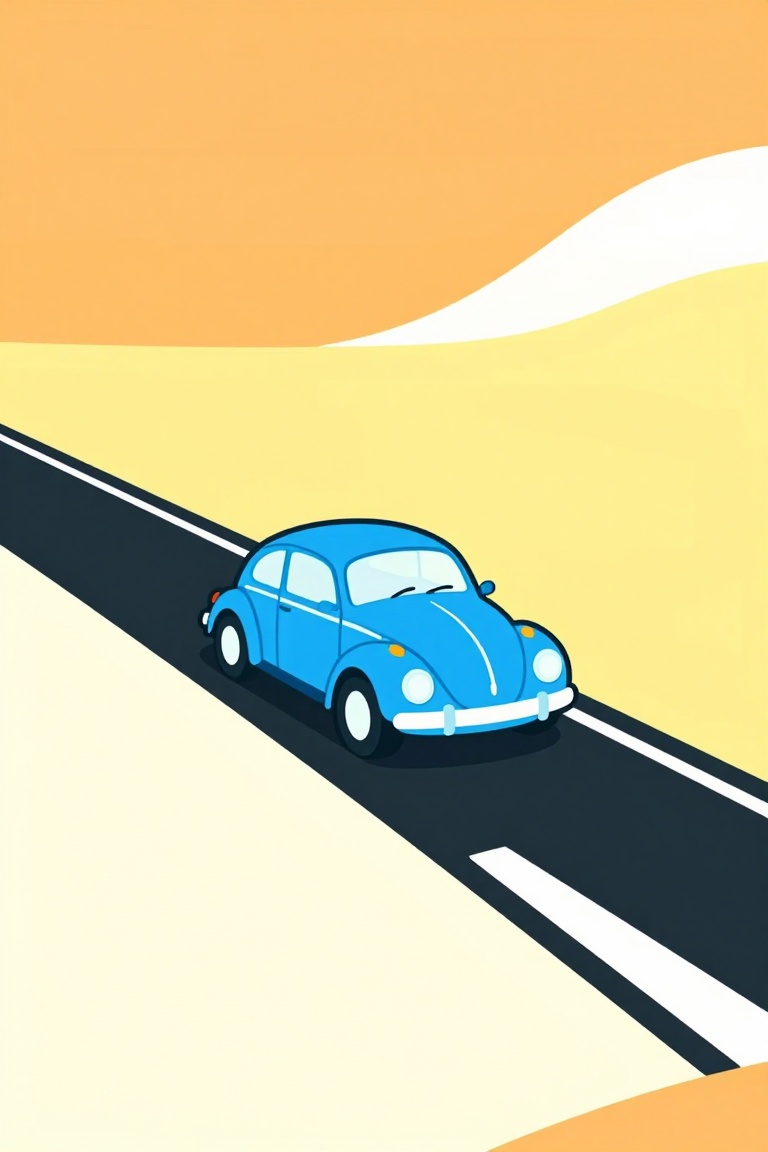 a blue Volkswagen Beetle car on a black and white striped road. The car is facing towards the right side of the image. The...