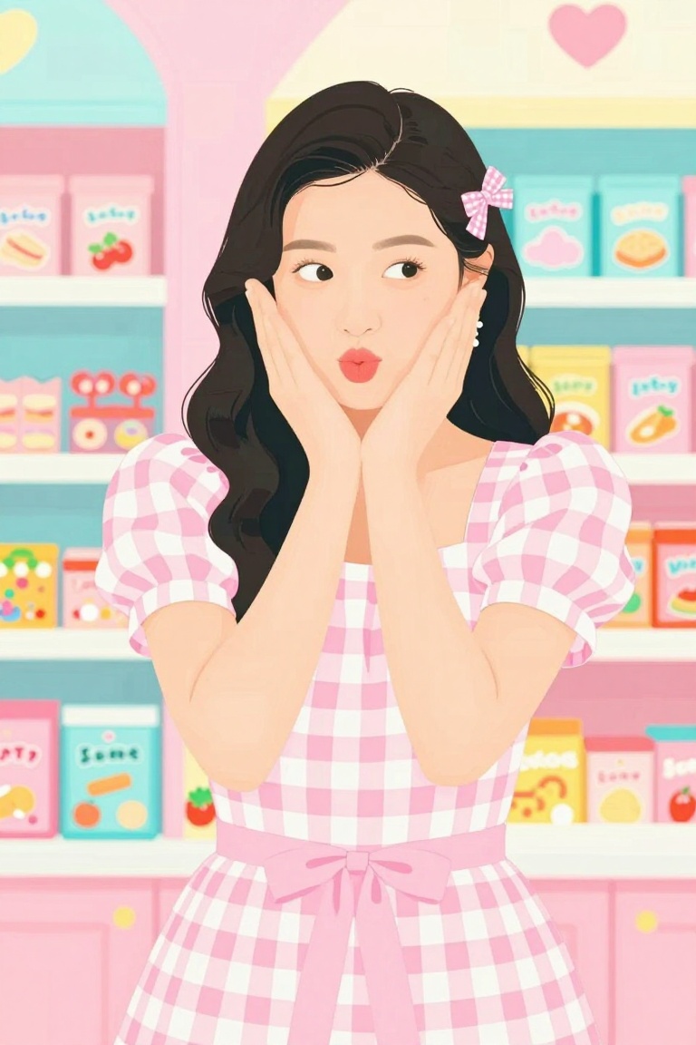 A stunningly beautiful young woman posing playfully in a brightly lit candy shop,  her hands resting gently on her cheeks...