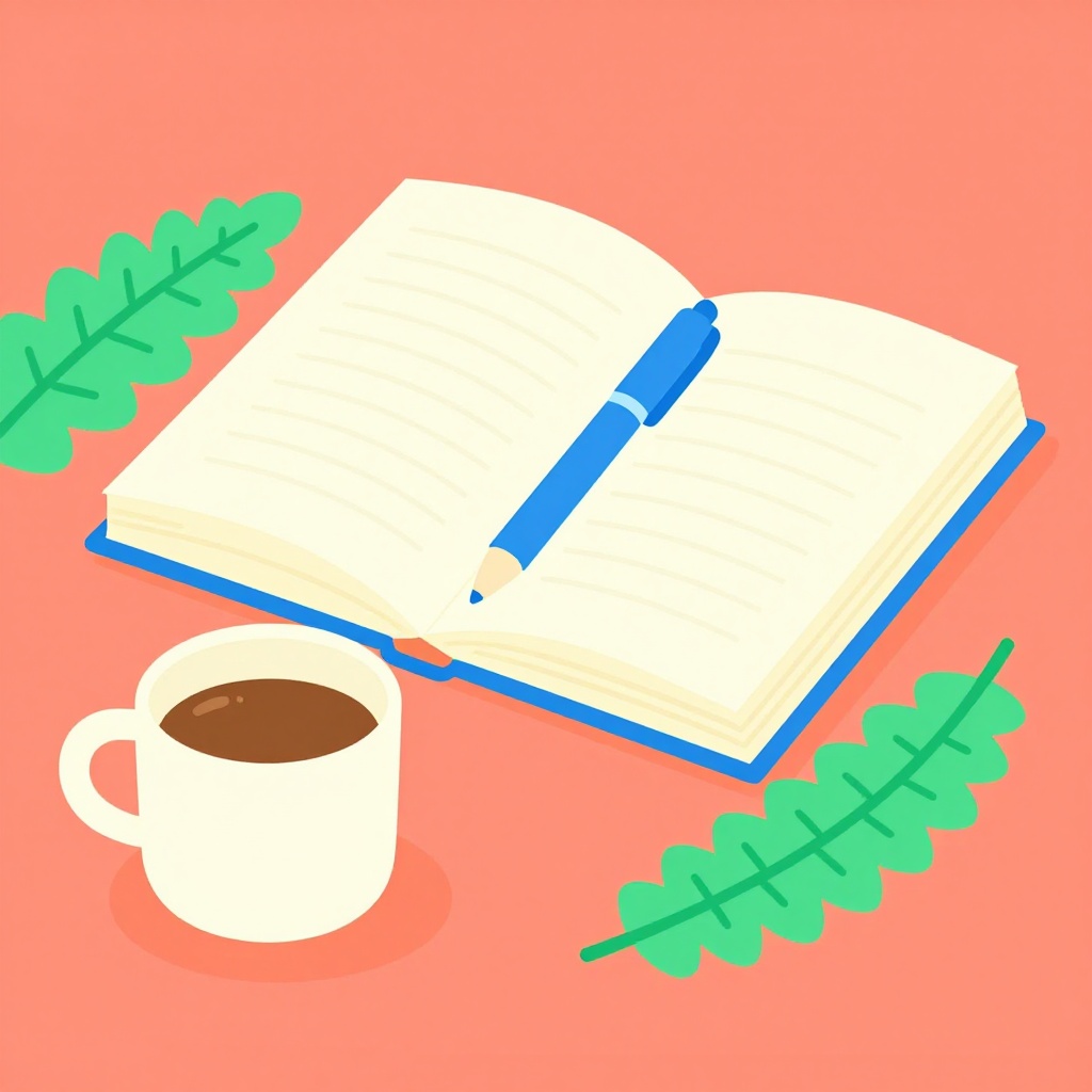 an open book with a blue pen resting on top of it. The book is lying on a red and blue striped surface with two green fern...