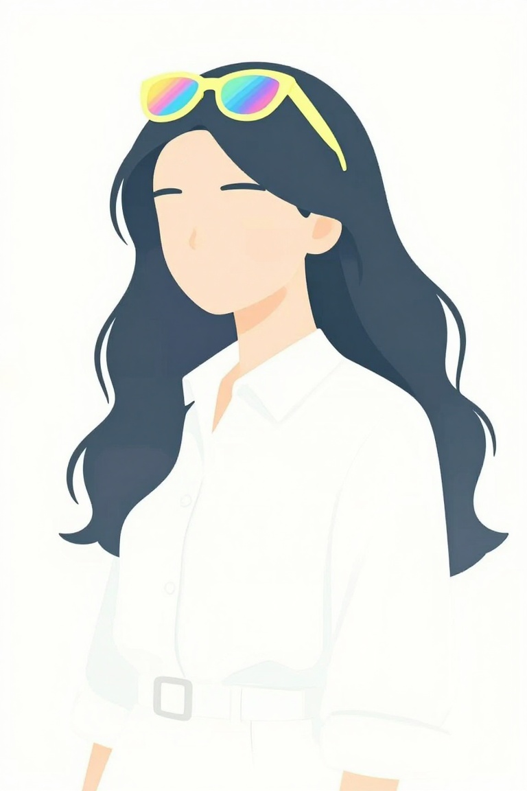 a young woman with long,  flowing hair. She is wearing a white shirt with a collared neckline and a belt around her waist....