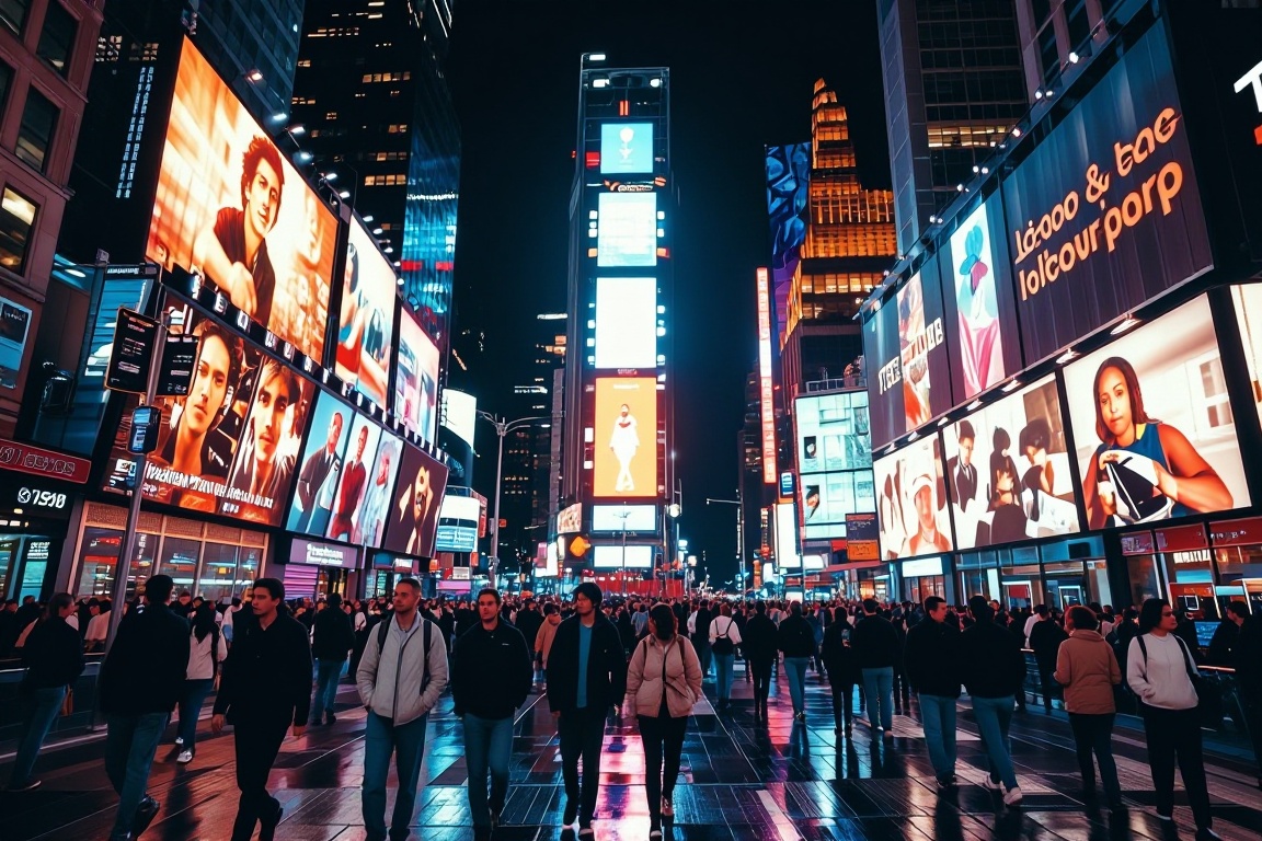 "Bustling Times Square at night with neon lights reflecting on wet streets,  diverse crowd of people from around the world...