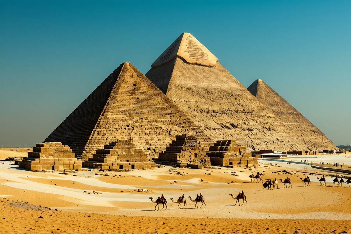 "Iconic Great Pyramid of Giza under a clear blue sky,  camel caravan in foreground,  intricate stone textures and hierogly...