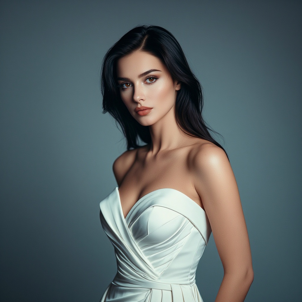 Photorealistic portrait of a beautiful woman with long dark hair and flawless skin,  wearing elegant white dress,  studio...