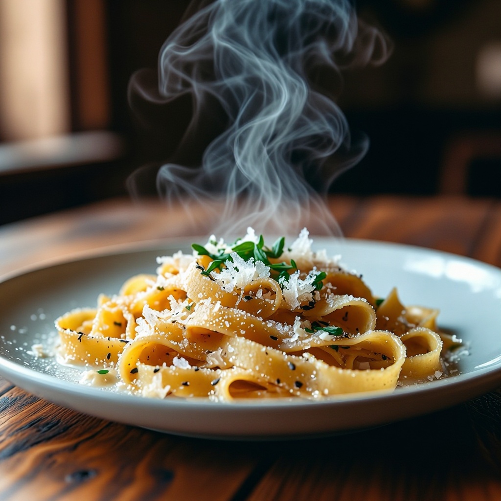 "Steaming plate of handmade fettuccine alfredo with fresh parmesan shavings and herbs,  on a rustic wooden table in a Tusc...