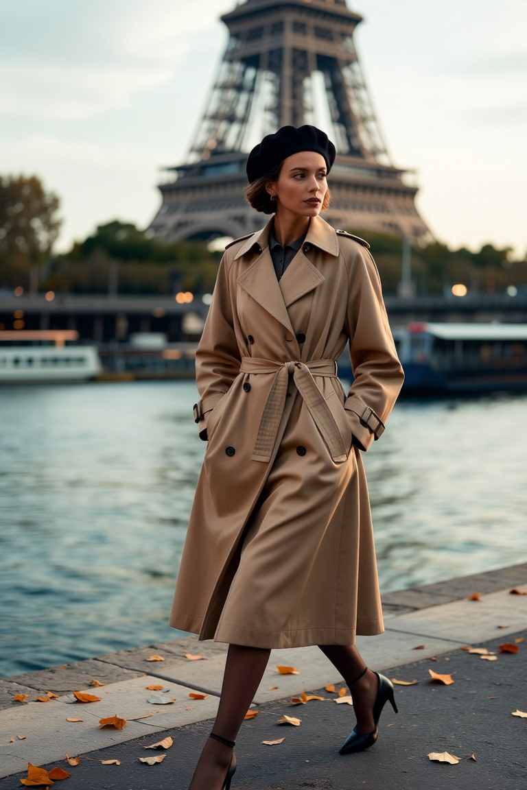 "Chic French woman in tailored trench coat and beret walking along the Seine River in Paris,  Eiffel Tower in distant back...