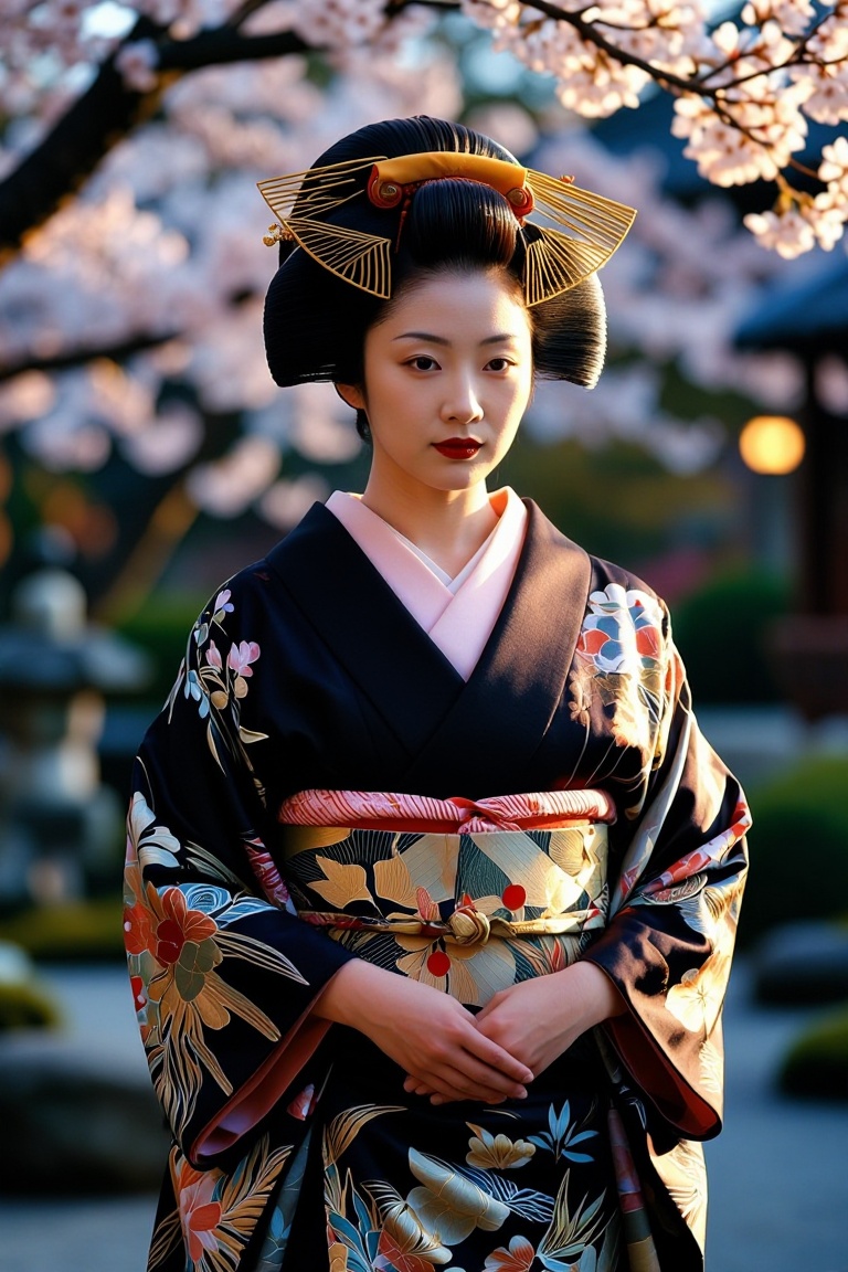 "A graceful Japanese geisha in traditional silk kimono with intricate floral patterns,  standing in a serene Kyoto garden...