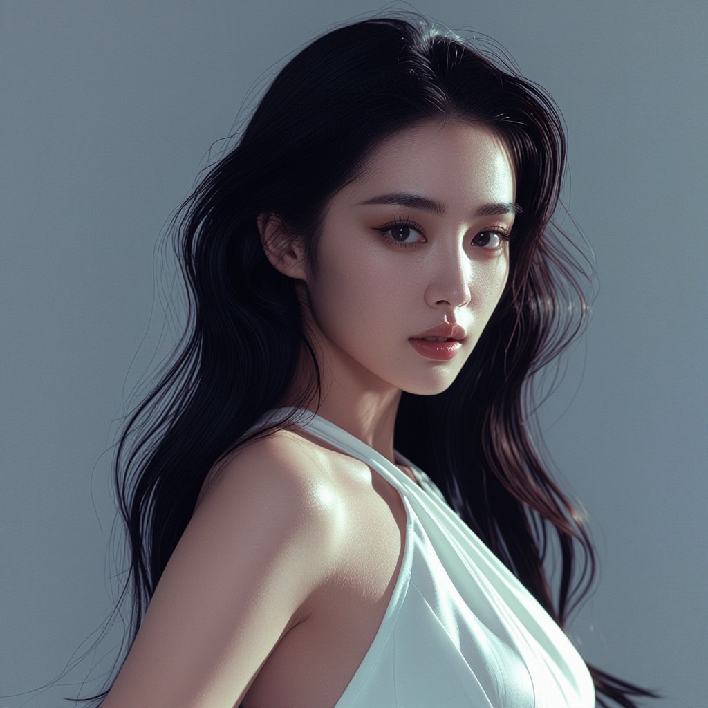 Photorealistic portrait of a beautiful woman with long dark hair and flawless skin,  wearing elegant white dress,  studio...