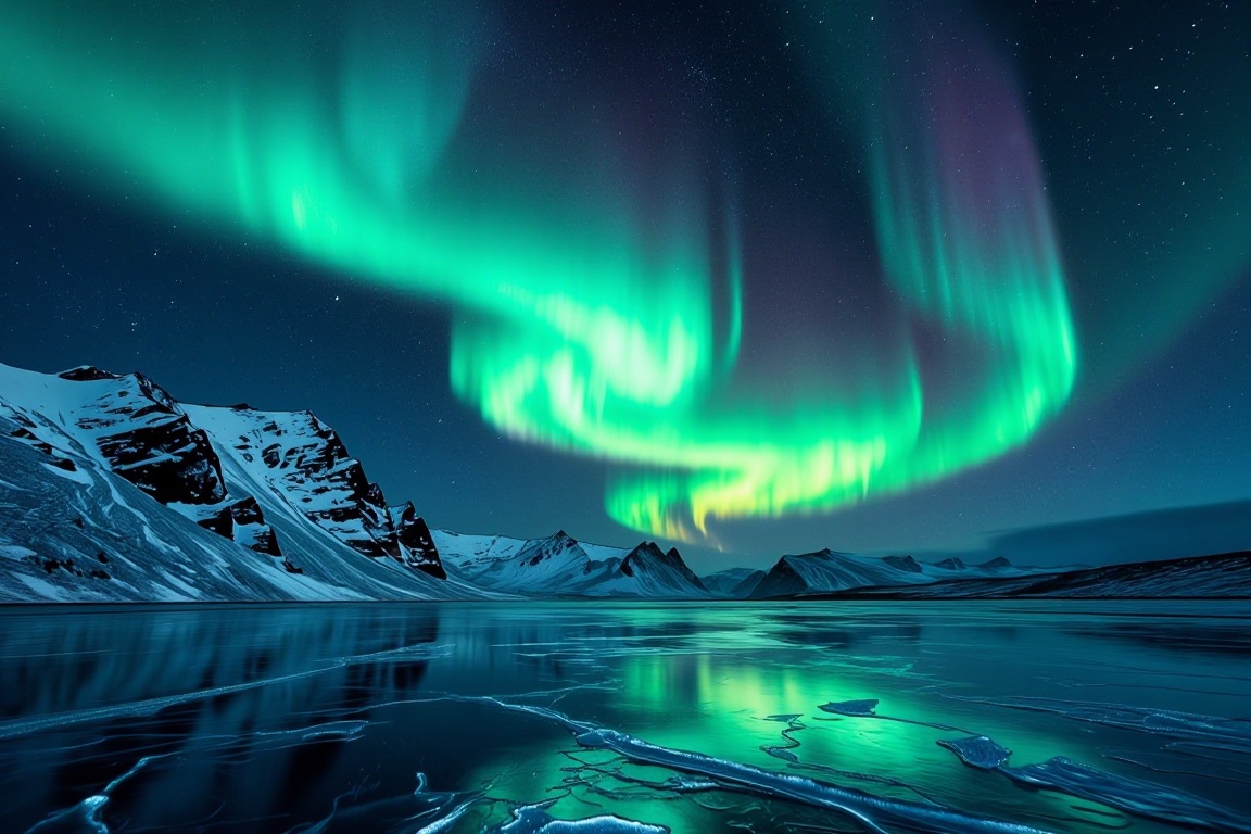 "Vivid green northern lights dancing over snow-capped mountains and frozen lake in Iceland,  starry night sky,  reflective...