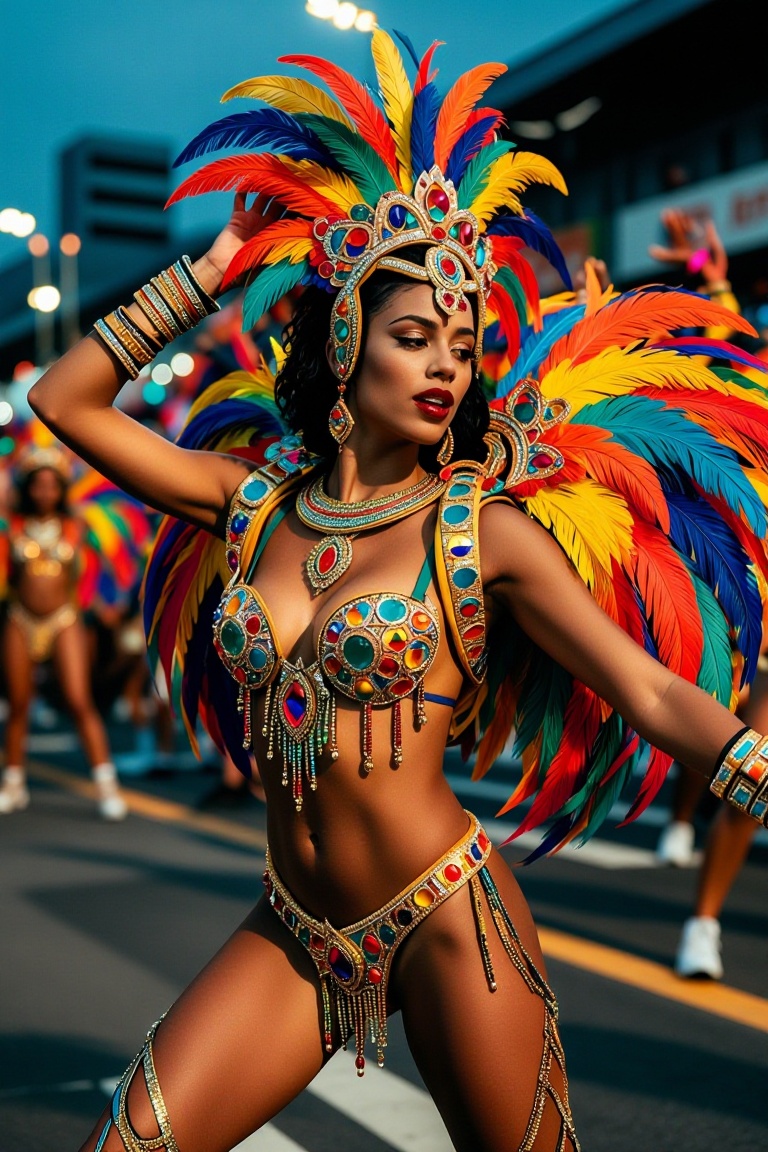 "Energetic female dancer in colorful feathered samba costume at Rio de Janeiro Carnival,  mid-dance pose with vibrant head...