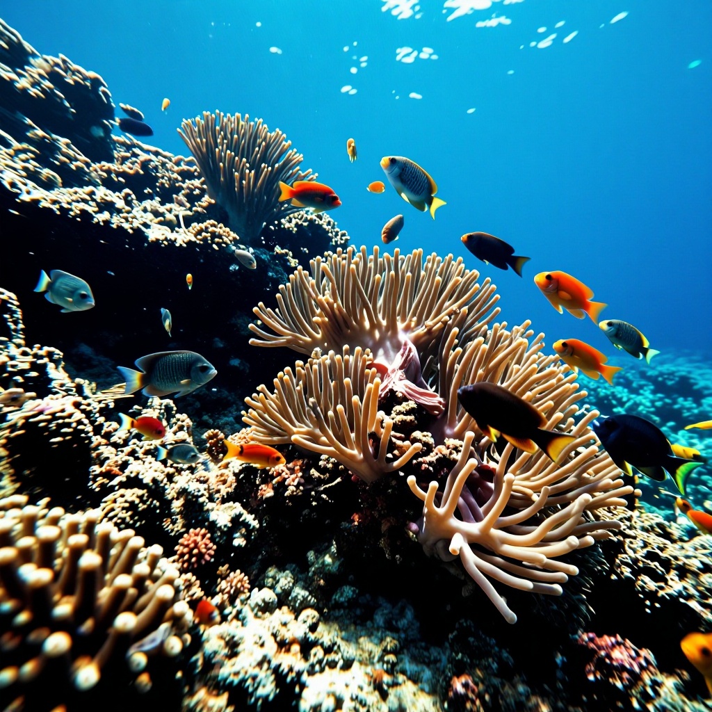"Vibrant underwater coral reef scene from Australia's Great Barrier Reef,  colorful tropical fish swimming among anemones...