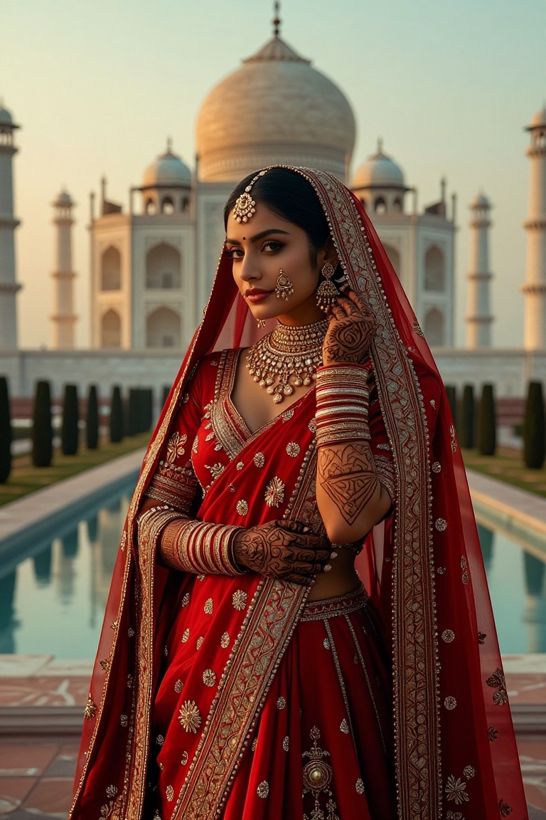 "Beautiful Indian bride in red silk saree with gold embroidery,  posing at the Taj Mahal during sunrise,  marble domes and...