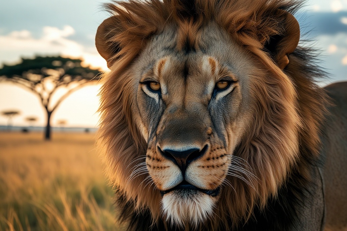 "Majestic male lion roaming the golden savanna of Serengeti National Park in Tanzania,  close-up on mane and piercing eyes...