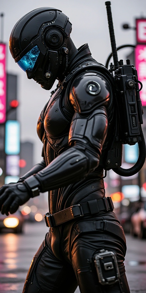 A hyper-realistic digital art of a cyber assassin,  clad in sleek,  futuristic armor with intricate glowing circuits. The...