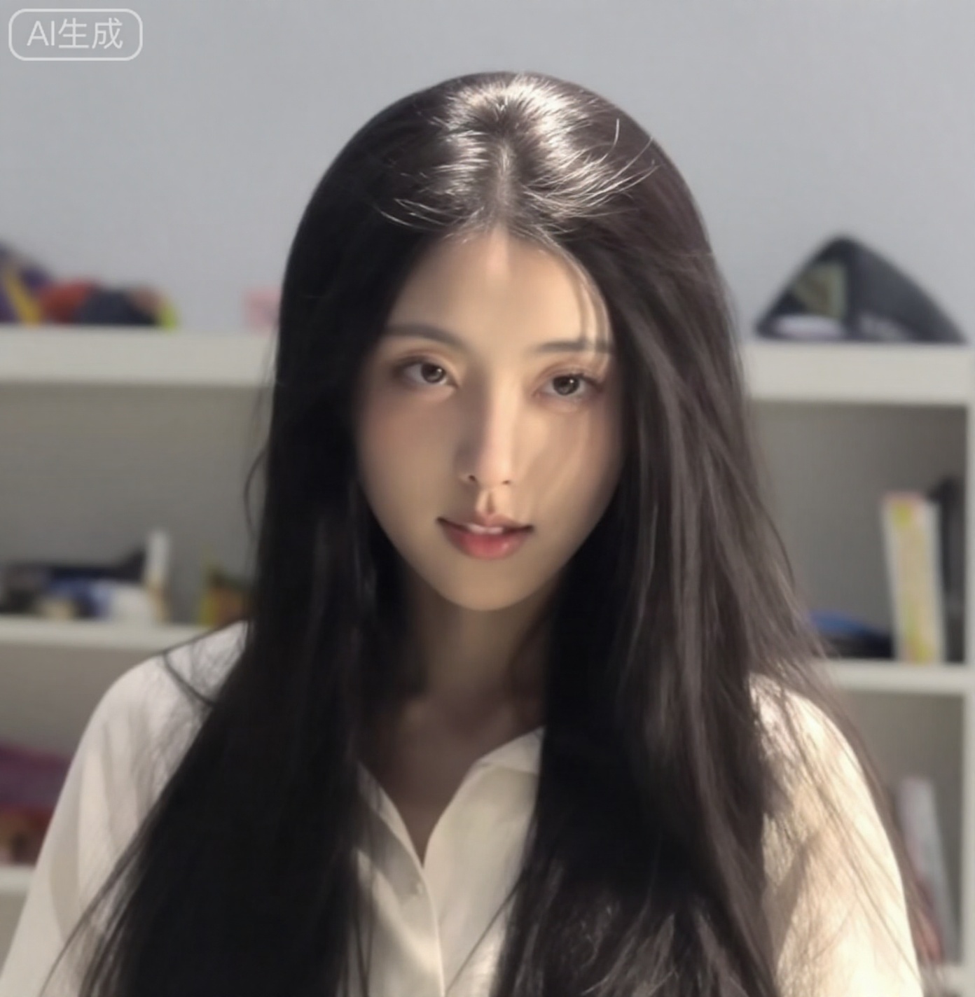 这个女人叫做米,米身穿白色衬衫,长发。拍摄角度为平视,略微偏低,突出人物面部与上半身。构图为中近景,聚焦于米的面部与肩部以上区域。 背景：背景被大光圈虚化处理（Bokeh效果）。依稀可见白色的墙壁、白色的置物架,架子上摆放着各种杂物（可能是书本、文具）,显示出这是一个居家或卧室环境。光影：头发上有明显的顶光反射（天使环）,增加了头发的光泽感。