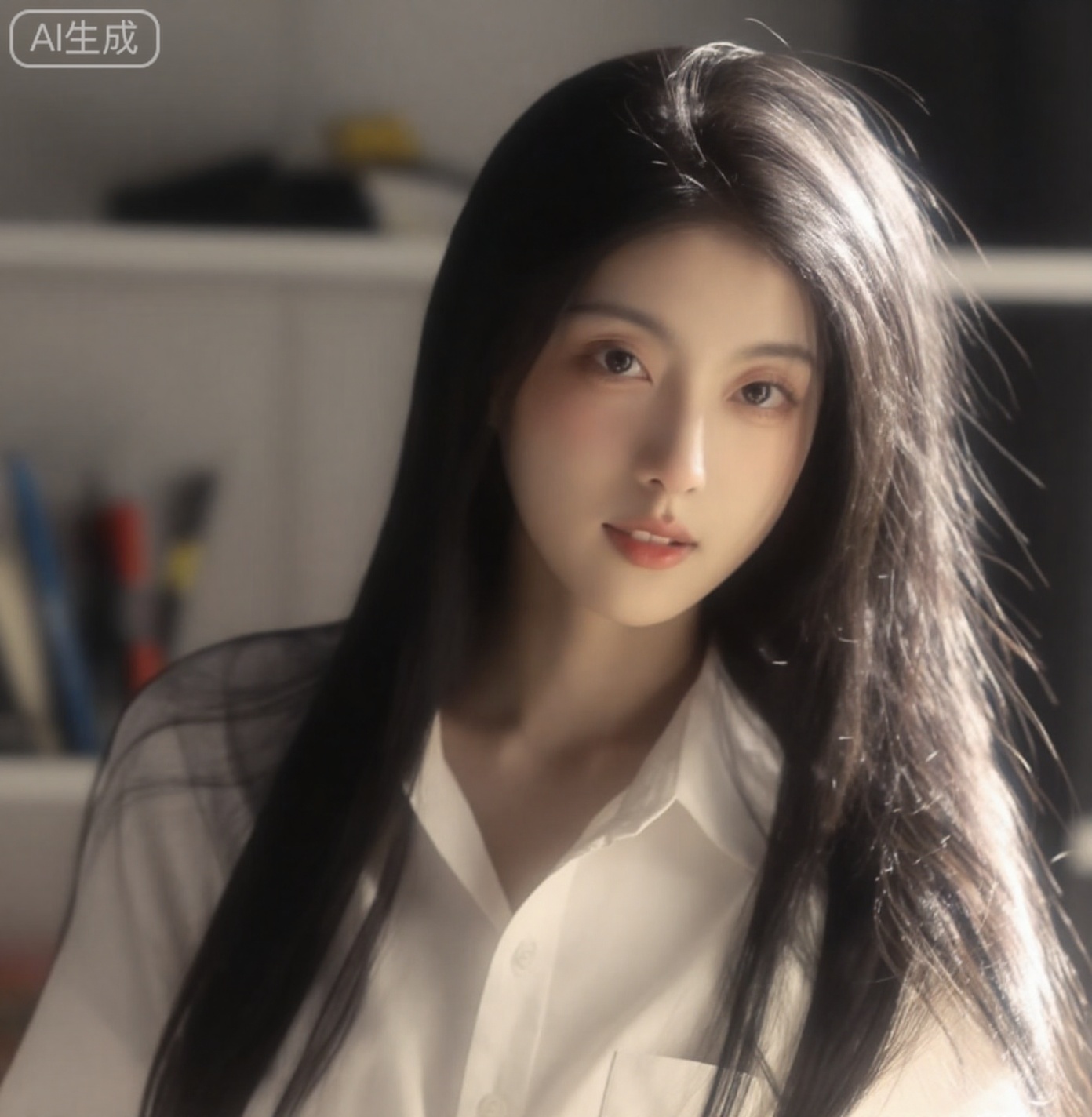 这个女人叫做米,米身穿白色衬衫,长发。拍摄角度为平视,略微偏低,突出人物面部与上半身。构图为中近景,聚焦于米的面部与肩部以上区域。景深较浅,突显主体。整体审美质量极高,氛围感强,细节精致。 背景：背景被大光圈虚化处理（Bokeh效果）。依稀可见白色的墙壁、白色的置物架,架子上摆放着各种杂物（可能是书本、文具）,显示出这是一个居家或卧室环境。光影：头发上有明显的顶光反射（天使环）,增加了头发的光泽感。