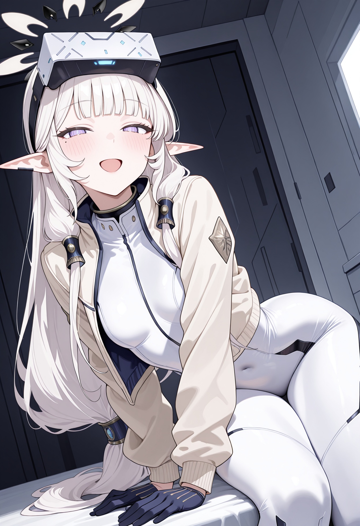 white bodysuit,  low-tied long hair,  head-mounted display on Tensor.Art