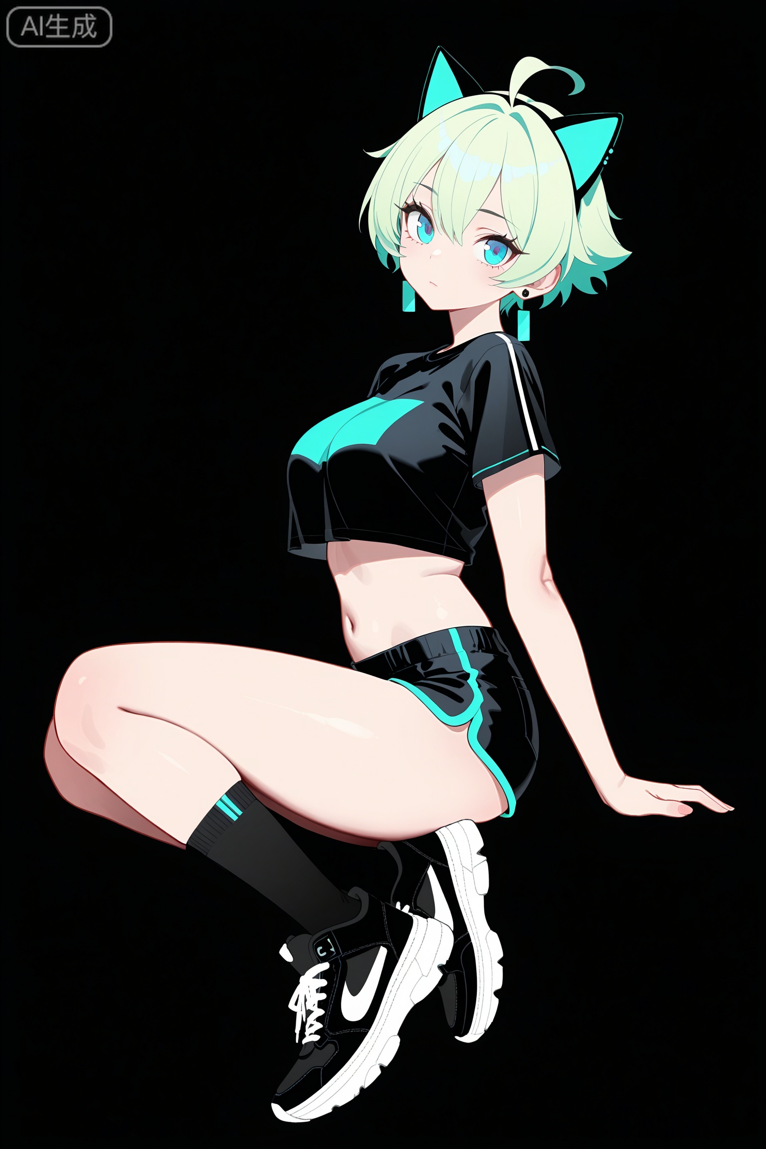1girl,looking back,from behind,solo,midriff,black shirt,crop top,shoes,navel,shorts,stomach,short sleeves,looking at viewer,blue eyes,short hair,thighs,shirt,black shorts,sneakers,sitting,animal ears,short shorts,socks,breasts,green hair,ahoge,medium breasts,fake animal ears,full body,earrings,jewelry,expressionless,black socks,cat ears,closed mouth,black footwear,micro shorts,crop top overhang,,1girl,
//Digital art,illustration,masterpiece,best quality,Delicate eyes,delicate face,black background,masterpiece,best quality,newest,year 2024,year 2023,luxurious and gorgeous,line art,flat_cartoon style